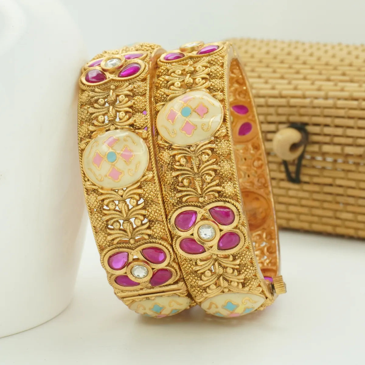 Antique Gold Plated Meenakari & Pink Stone Designer Kada Bangle Pair for Women