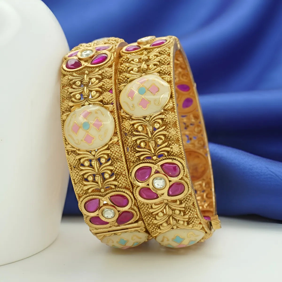 Antique Gold Plated Meenakari & Pink Stone Designer Kada Bangle Pair for Women