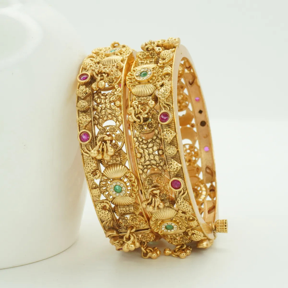 Heavy Antique Temple Design Gold Plated Kada Bangle Pair for Women