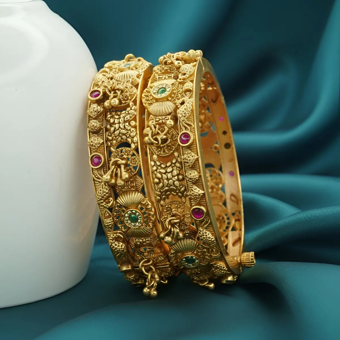 Heavy Antique Temple Design Gold Plated Kada Bangle Pair for Women