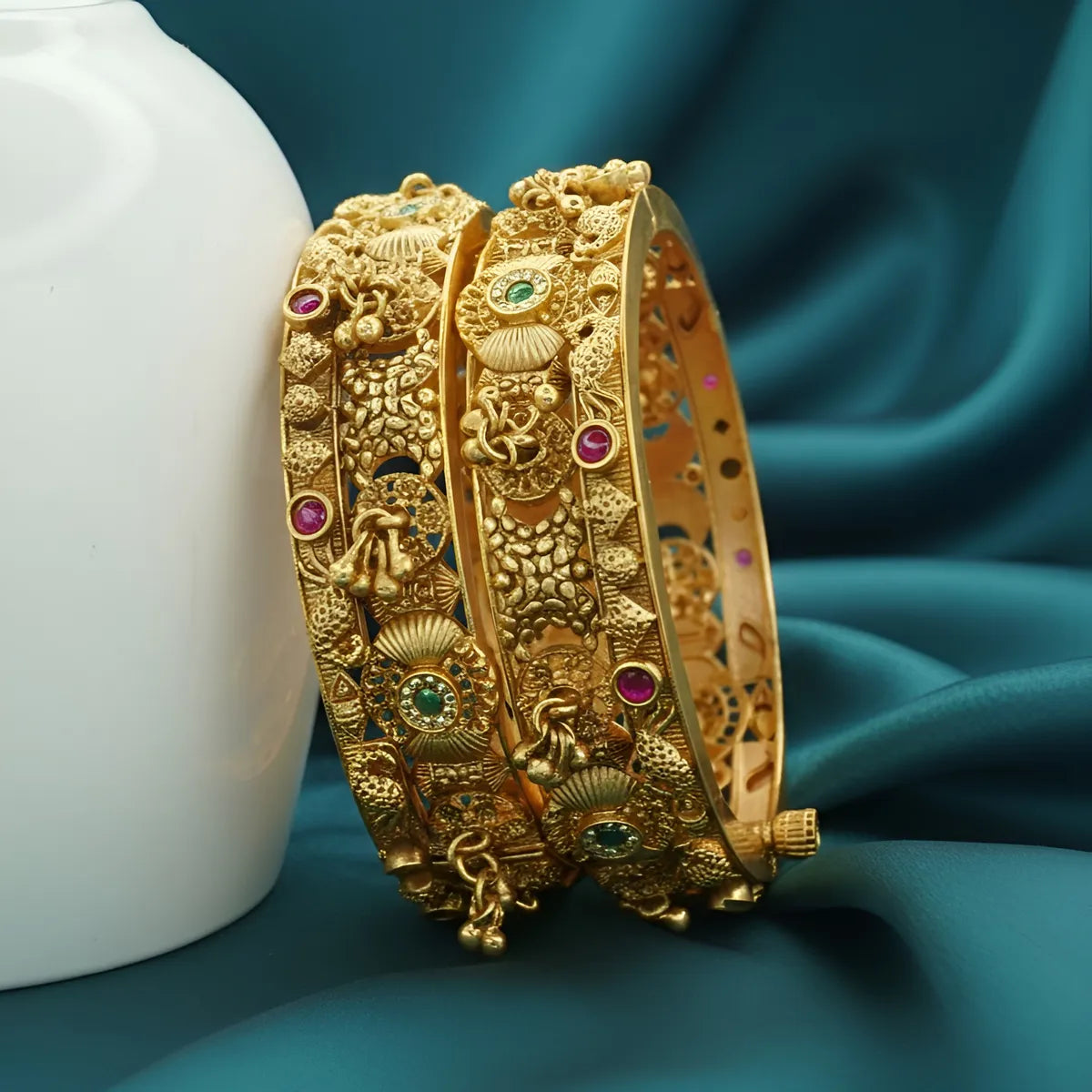 Heavy Antique Temple Design Gold Plated Kada Bangle Pair for Women