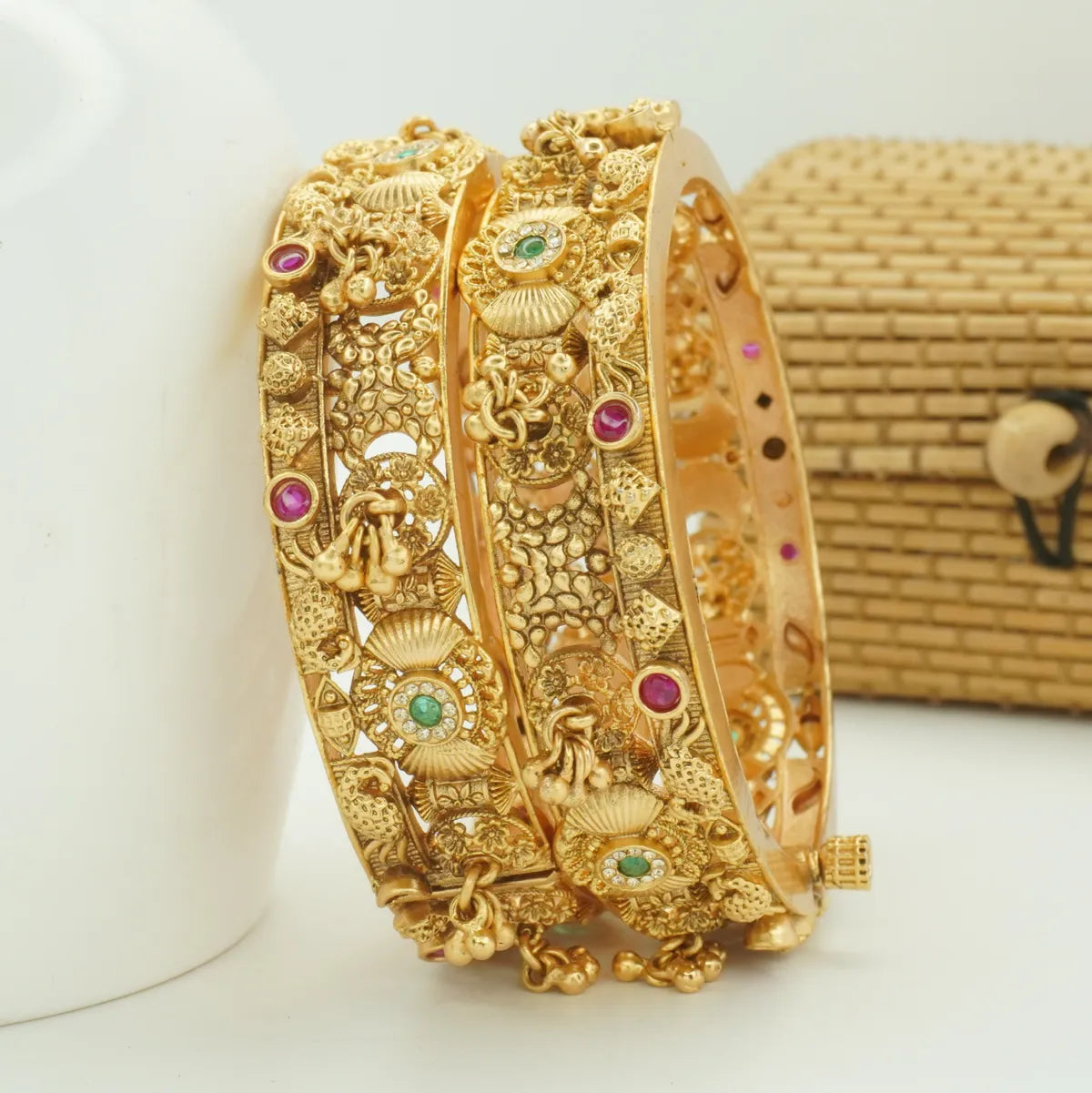 Heavy Antique Temple Design Gold Plated Kada Bangle Pair for Women