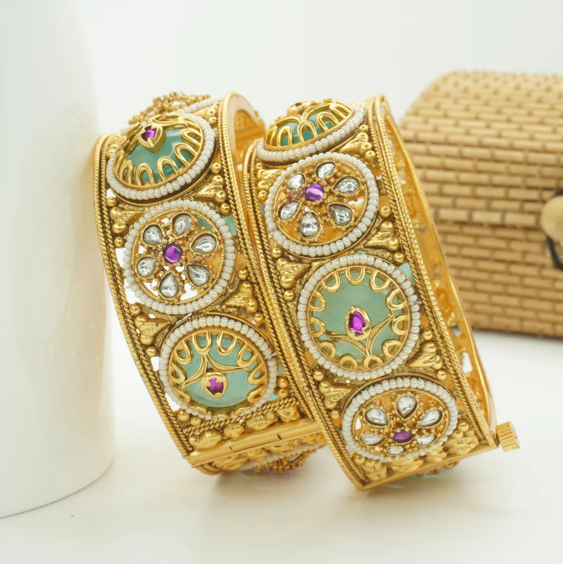 Gold Plated Green Enamel Kundan Pearl Bridal Bangles Set