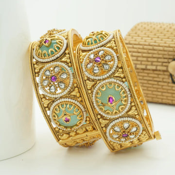 Gold Plated Green Enamel Kundan Pearl Bridal Bangles Set