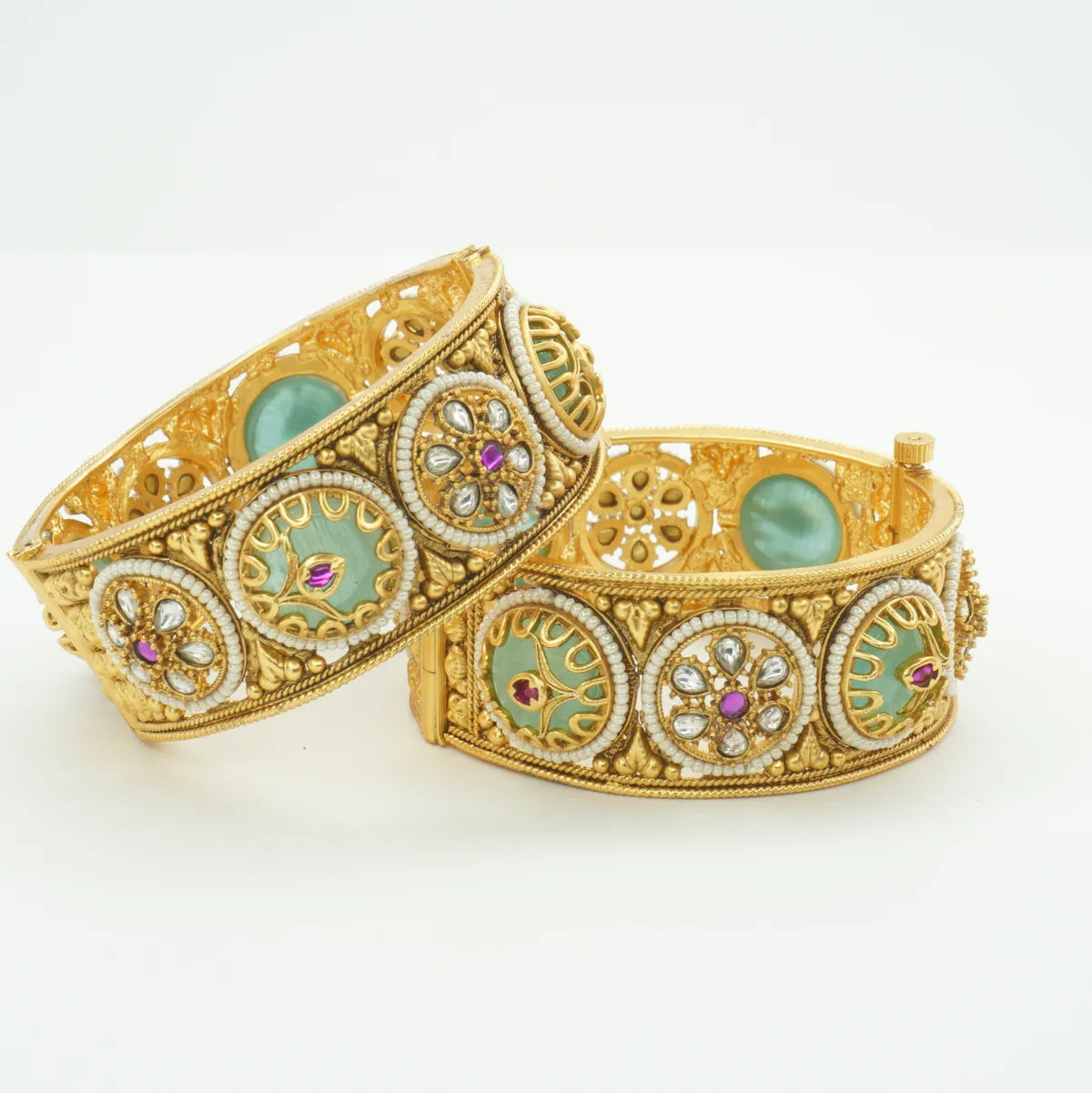 Gold Plated Green Enamel Kundan Pearl Bridal Bangles Set
