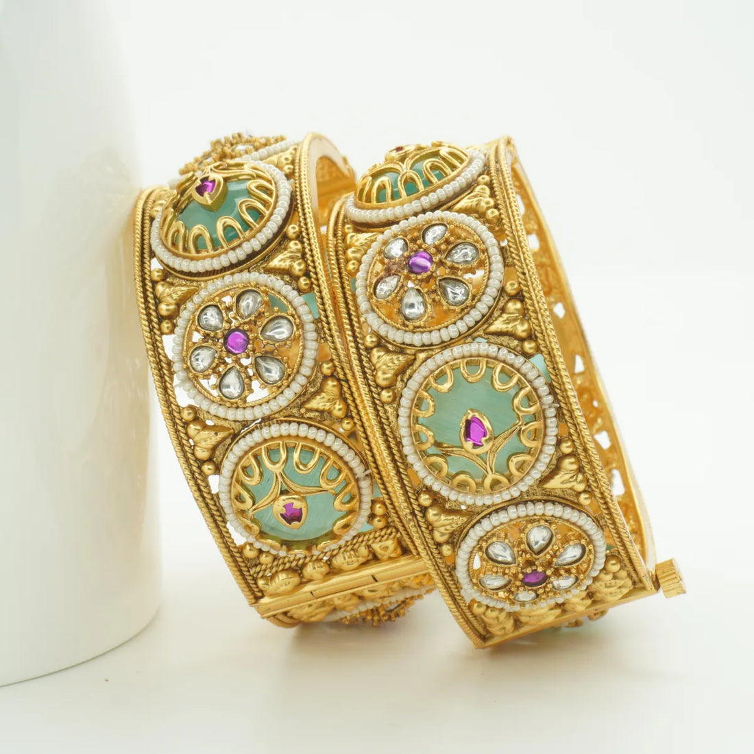 Gold Plated Green Enamel Kundan Pearl Bridal Bangles Set