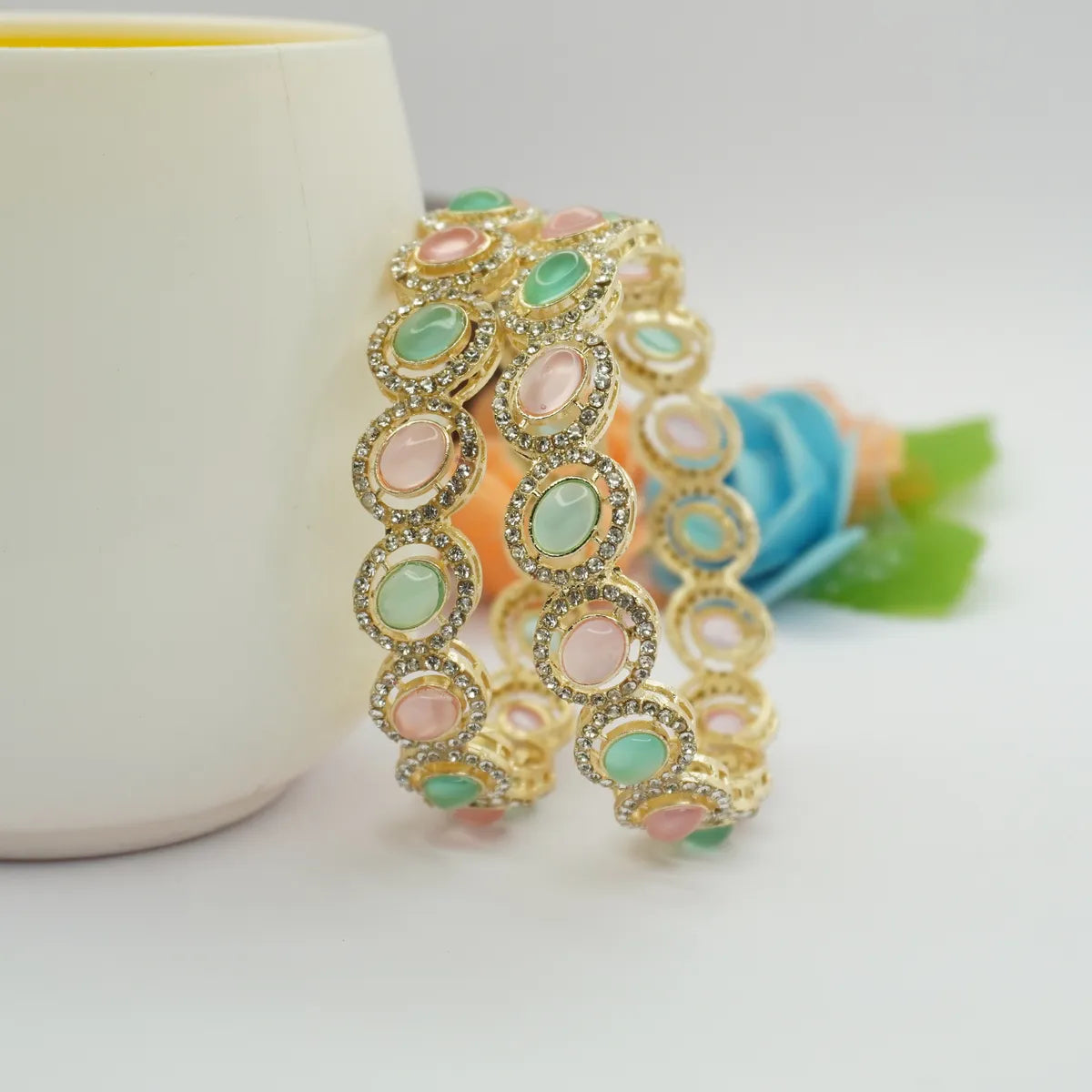 Mint Pink Colored AD & Stone Sudded Designer Bangles Set