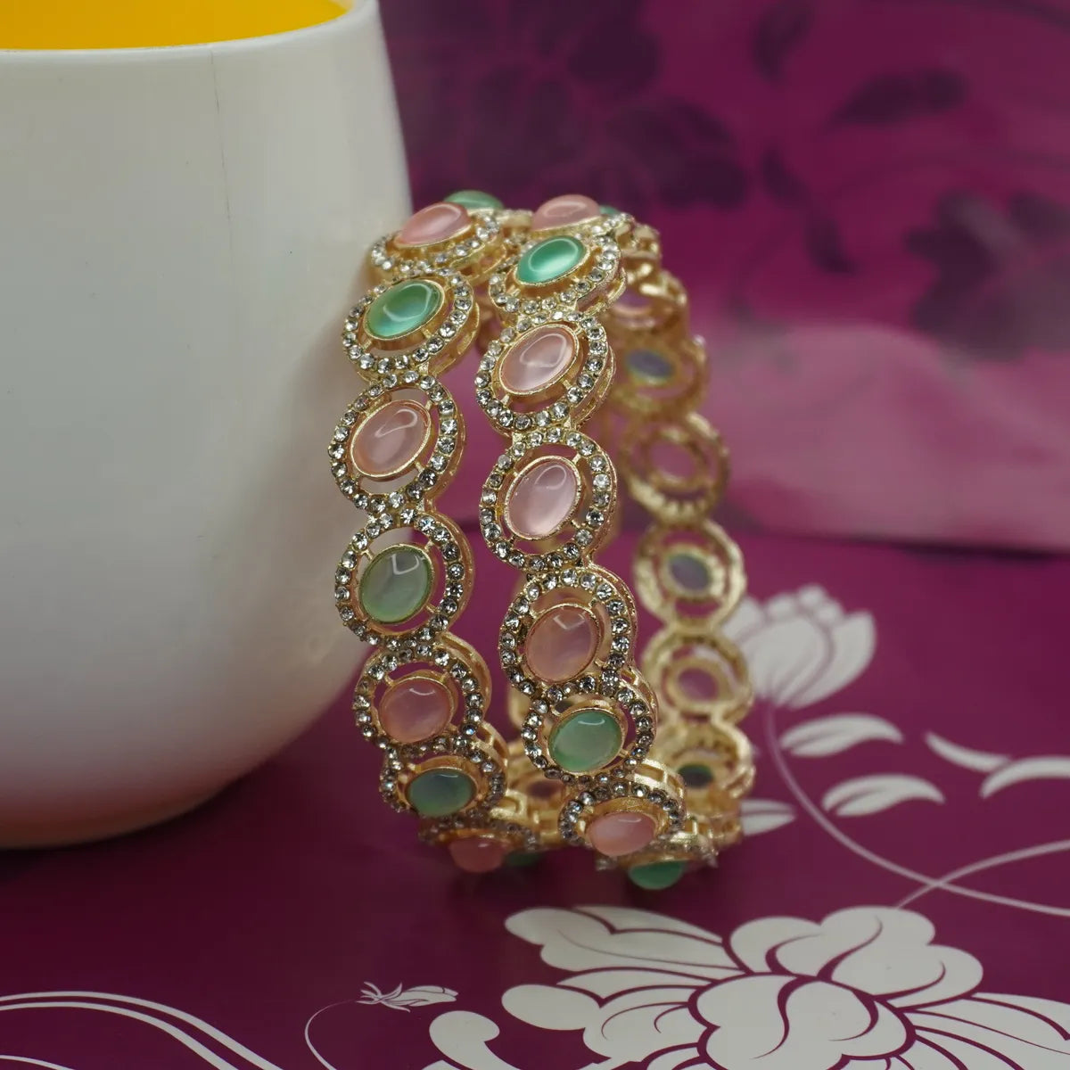 Mint Pink Colored AD & Stone Sudded Designer Bangles Set
