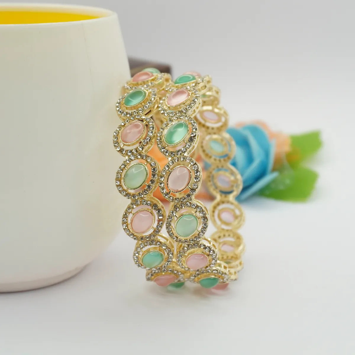 Mint Pink Colored AD & Stone Sudded Designer Bangles Set