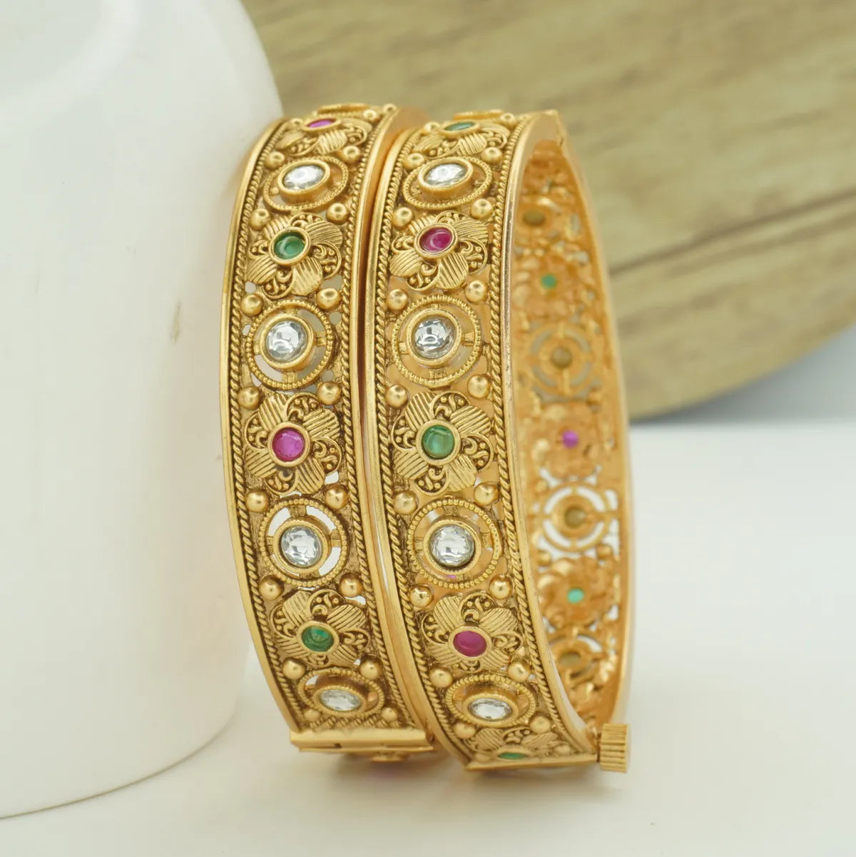 Antique Gold Plated Multicolour Stone Kada Bangle Pair for Women