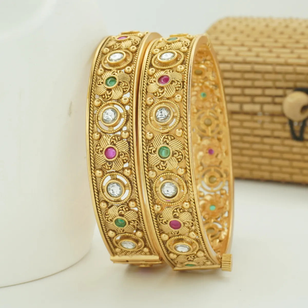 Antique Gold Plated Multicolour Stone Kada Bangle Pair for Women