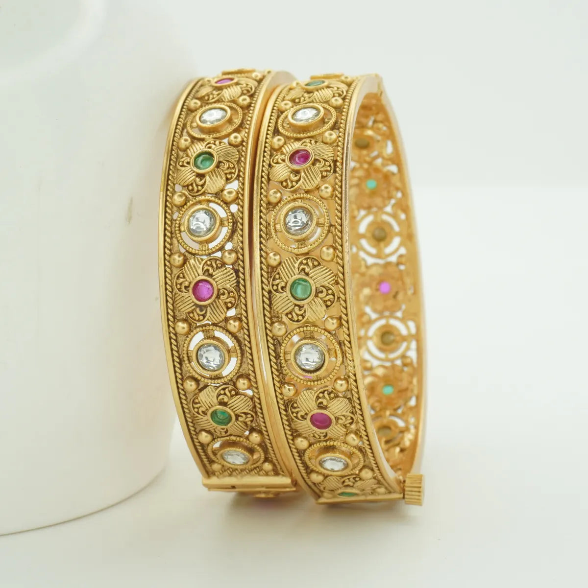 Antique Gold Plated Multicolour Stone Kada Bangle Pair for Women