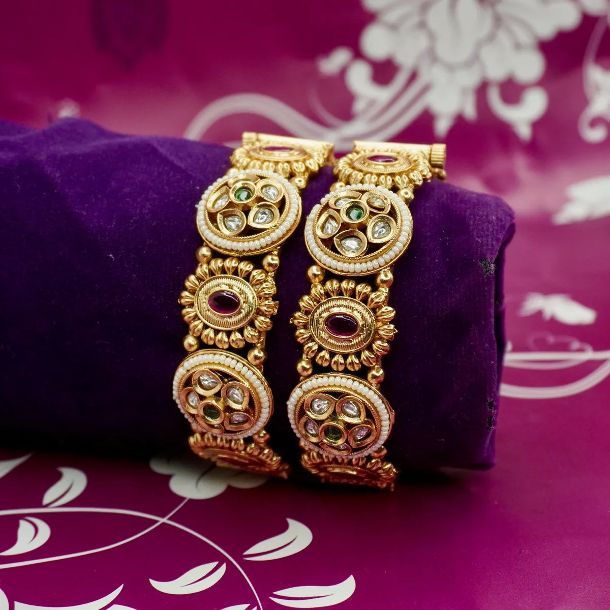 Designer Ruby Embadded Kundan & Meena Work Copper Bangles Set