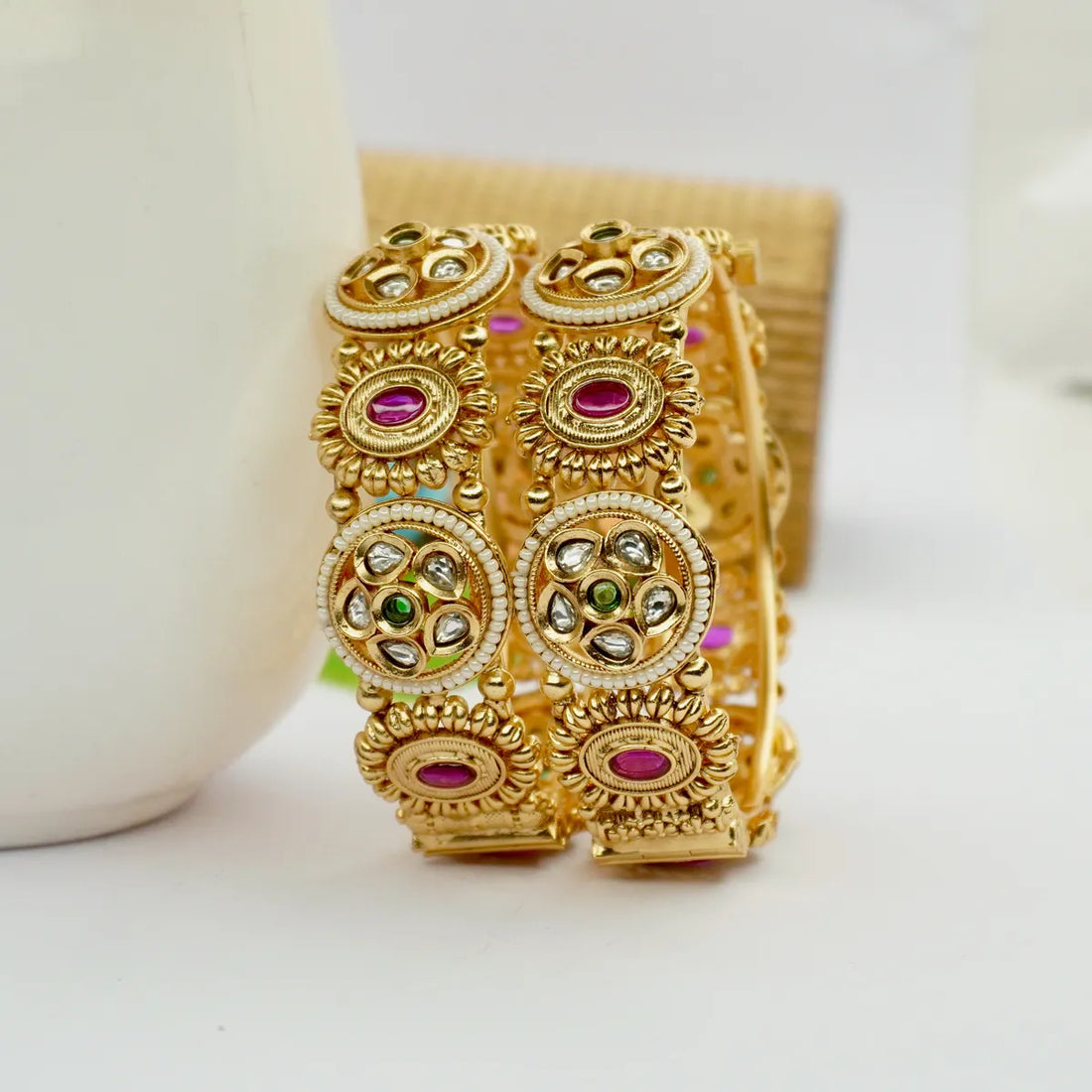 Designer Ruby Embadded Kundan & Meena Work Copper Bangles Set