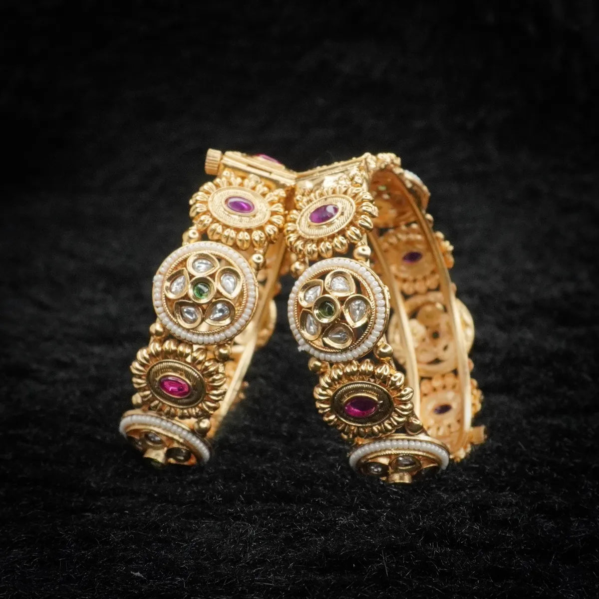 Designer Ruby Embadded Kundan & Meena Work Copper Bangles Set