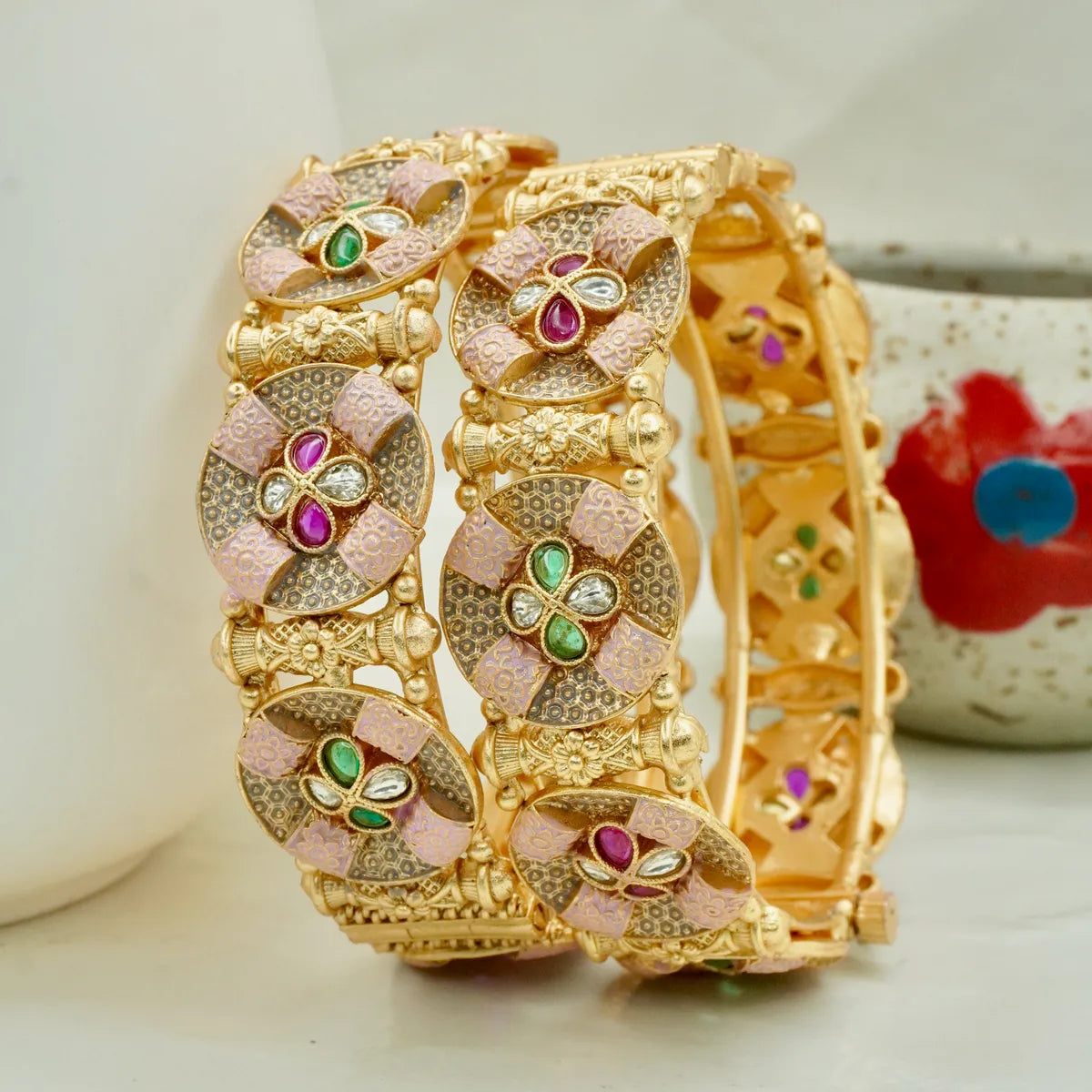 Broad Designer Meena Bangles Set By Panini Jewels