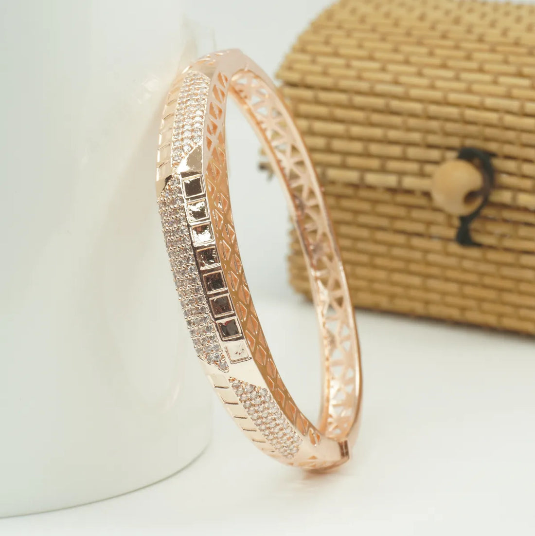 Panini Jewels Rose Gold Plated Geometric Crystal Designer Kada
