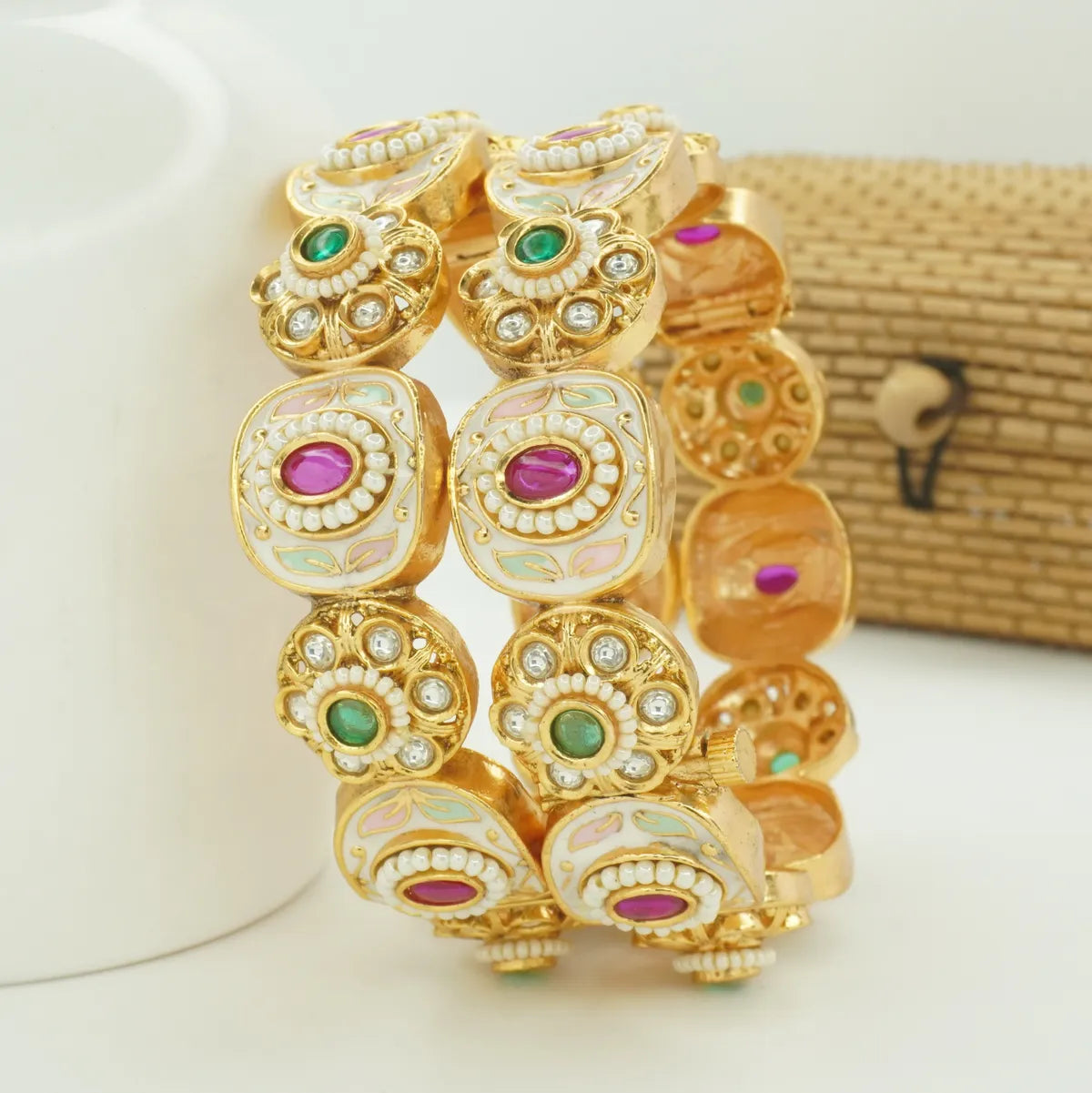 Premium White Meenakari Antique Gold Plated Stone Kada Bangle Pair for Women