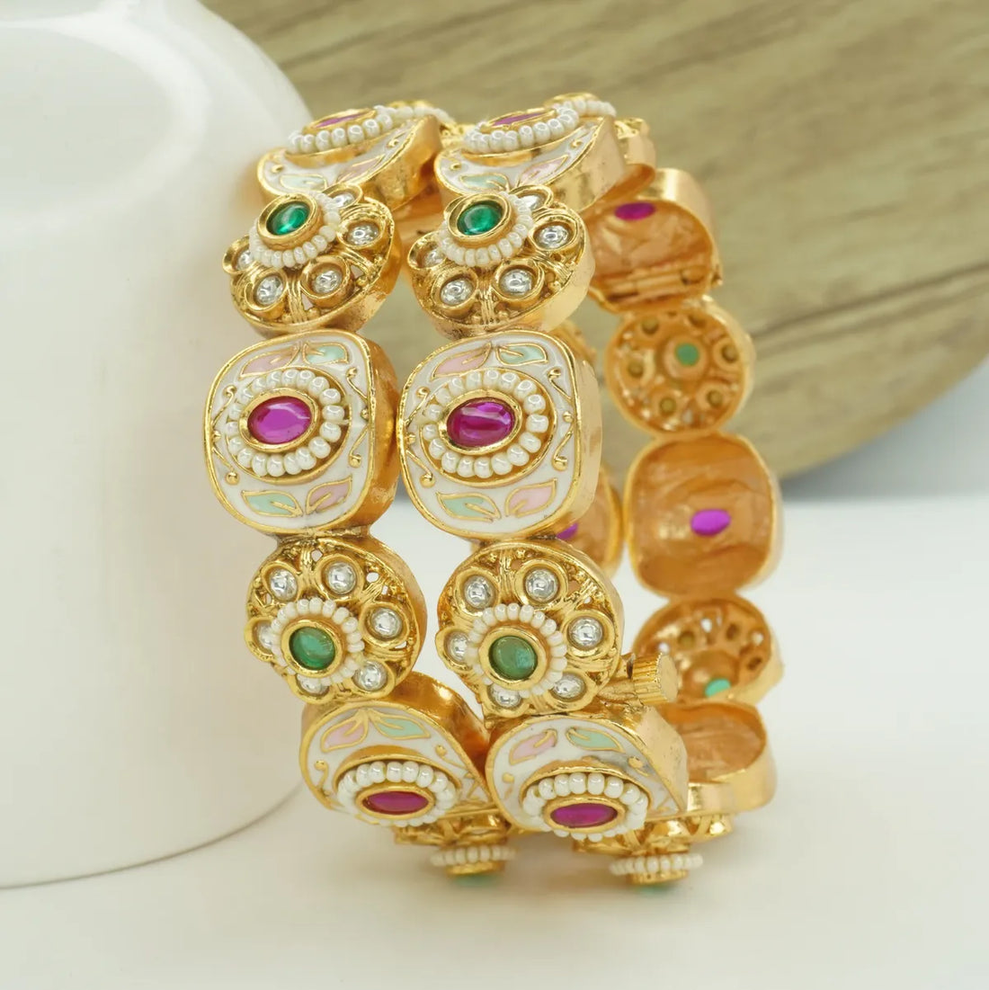 Premium White Meenakari Antique Gold Plated Stone Kada Bangle Pair for Women