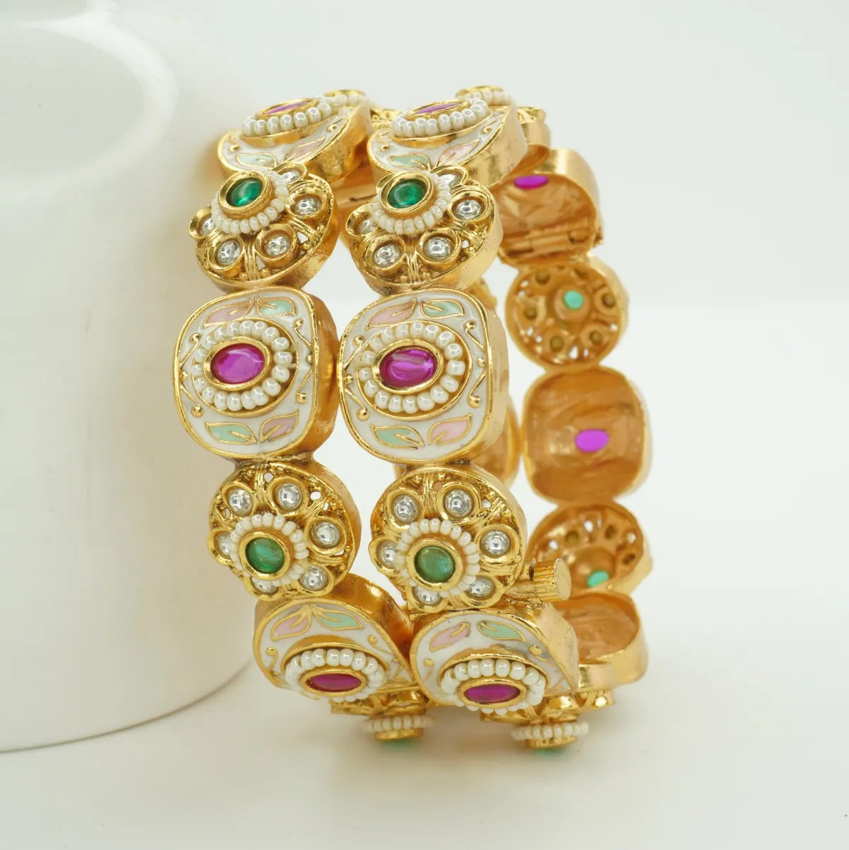 Premium White Meenakari Antique Gold Plated Stone Kada Bangle Pair for Women