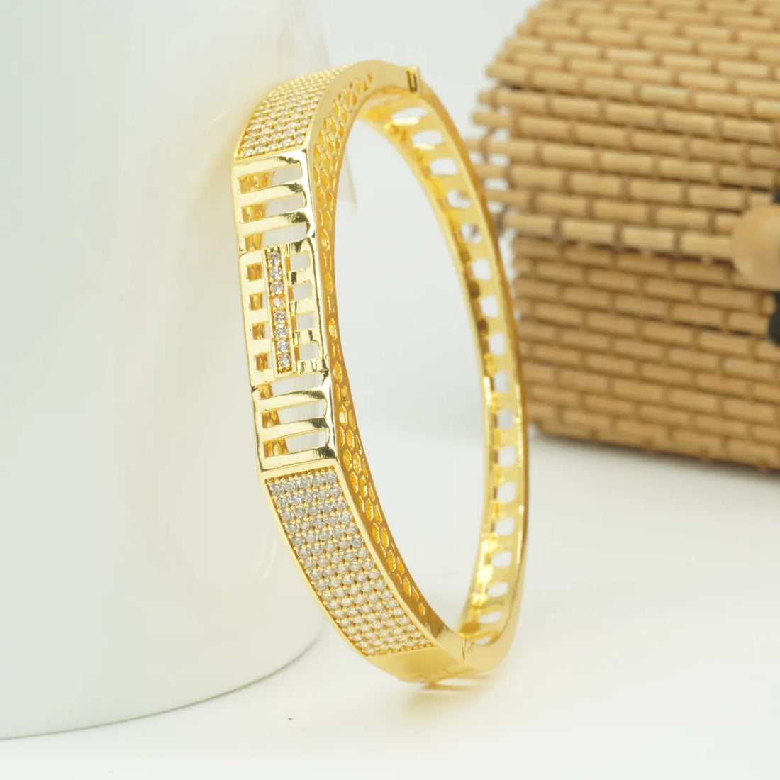 Panini Jewels Gold Plated Crystal Studded Geometric Designer Kada Bangle