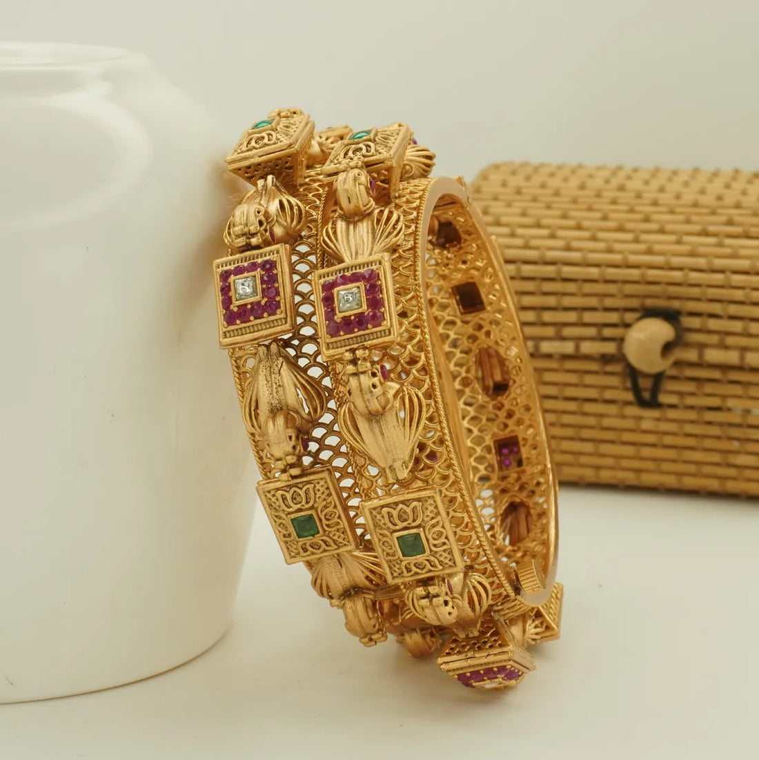 Antique Gold Plated Heavy Carved Square Stone Bridal Bangle Set for Women