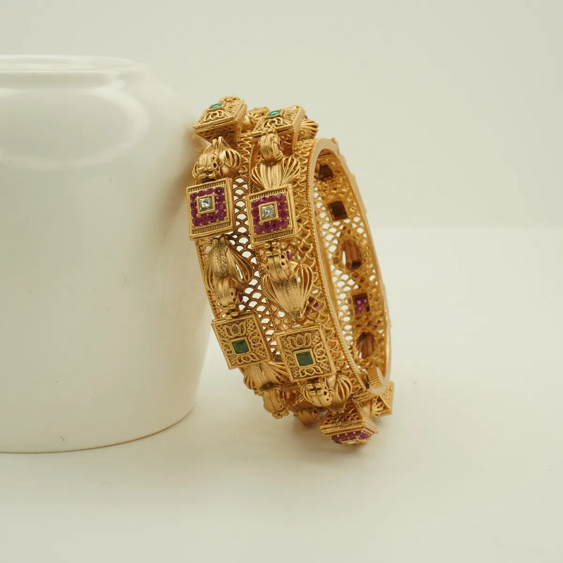 Antique Gold Plated Heavy Carved Square Stone Bridal Bangle Set for Women