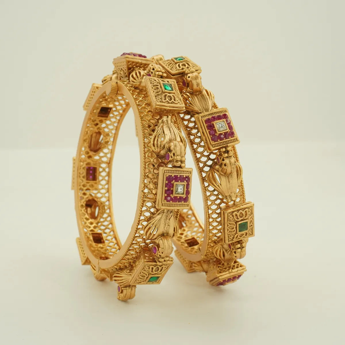Antique Gold Plated Heavy Carved Square Stone Bridal Bangle Set for Women
