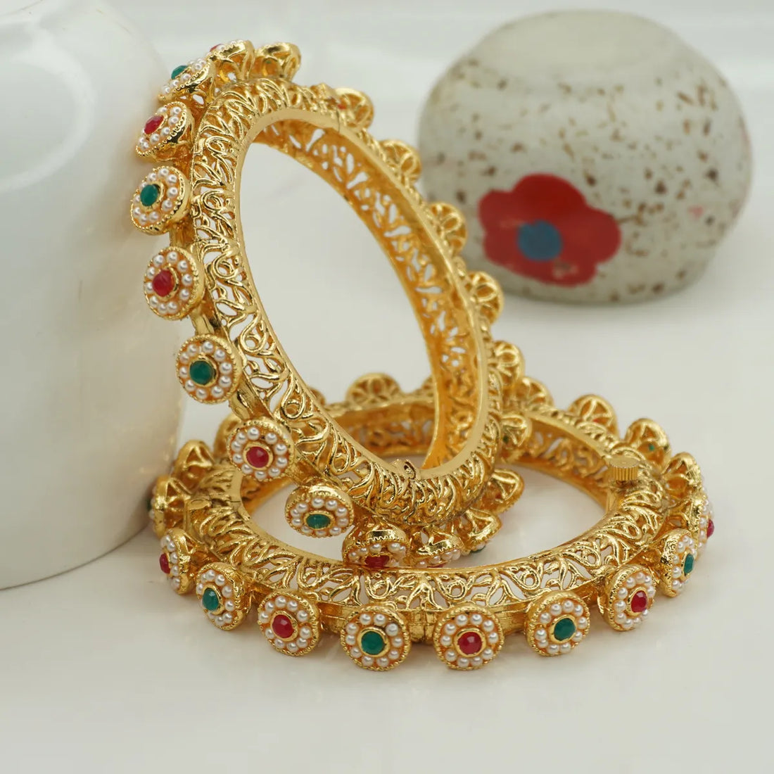 Green Elegant Ruby Openale Gokhru Patla  Bangle Set