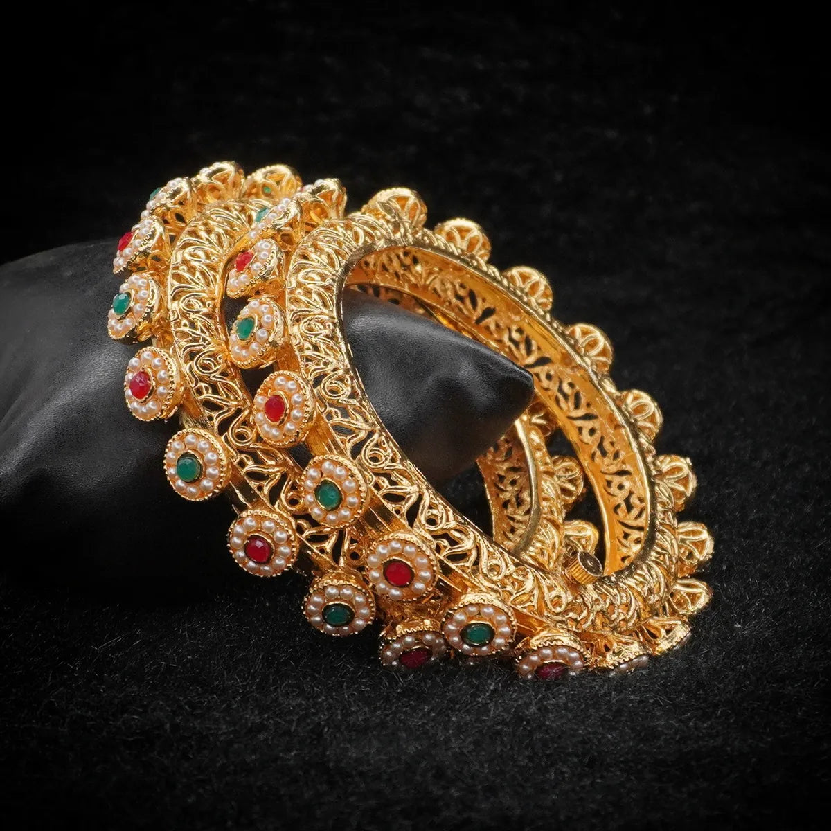 Green Elegant Ruby Openale Gokhru Patla  Bangle Set