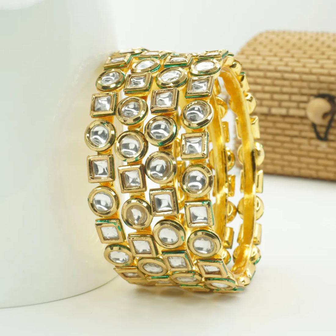 Panini Jewels Gold Plated Mixed Shape Kundan Studded Designer Bangles Set