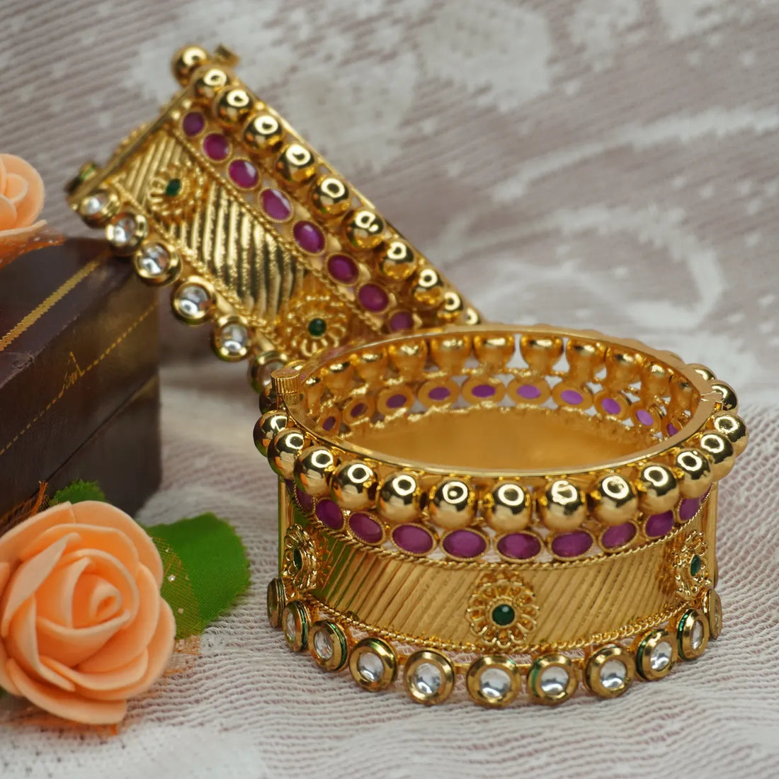 Gold-Plated Broad Kada Bangle with Pink Stones & Kundan Detailing