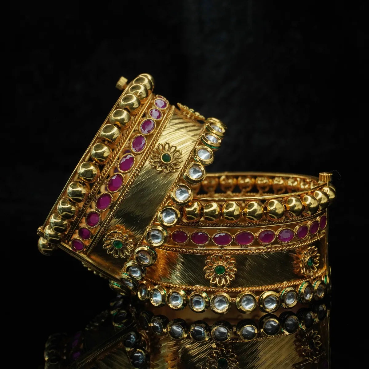 Gold-Plated Broad Kada Bangle with Pink Stones & Kundan Detailing