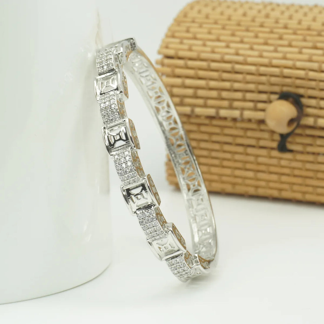 Panini Jewels Silver Plated Geometric Crystal Link Designer Kada Bangle