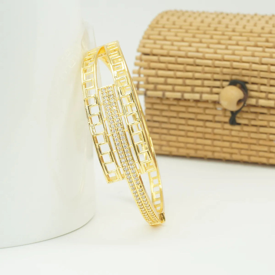 Panini Jewels Gold Plated Geometric Crystal Strip Designer Kada Bangle