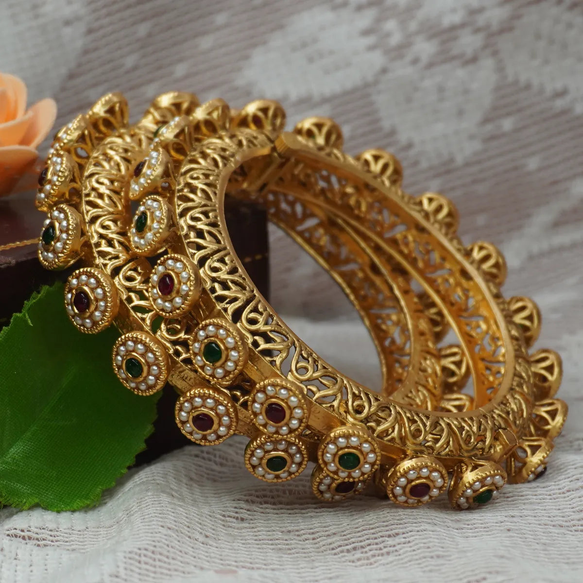 Traditional Antique Gold Plated Meenakari Kundan Stone Bangles