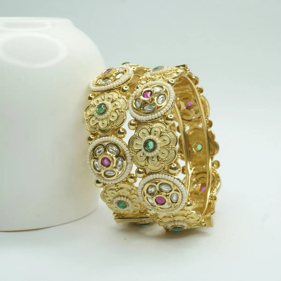 Gold-Plated Kundan Floral Meenakari Antique Bangles with Green & Pink Stones for Women