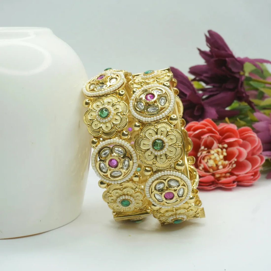 Gold-Plated Kundan Floral Meenakari Antique Bangles with Green & Pink Stones for Women