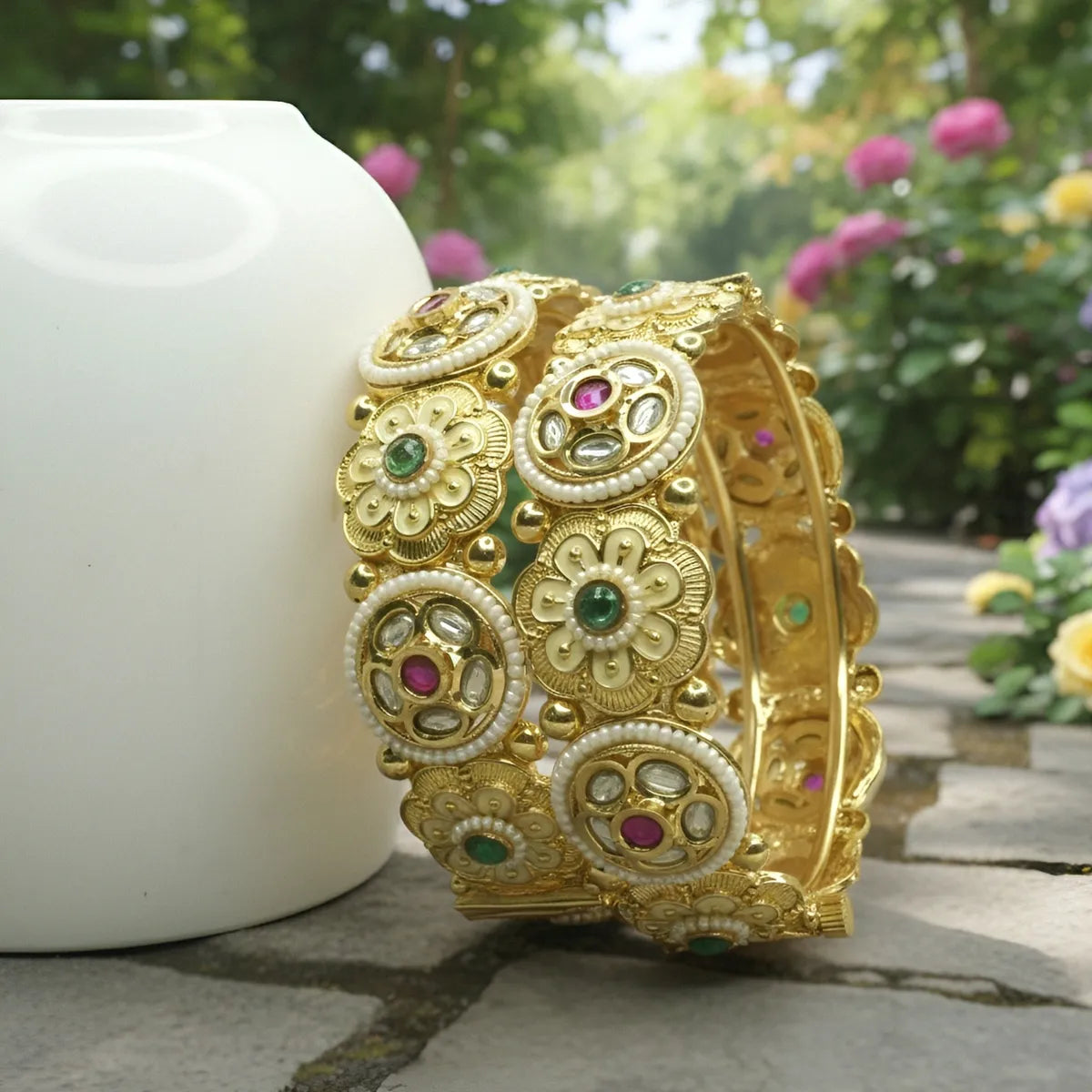 Gold-Plated Kundan Floral Meenakari Antique Bangles with Green & Pink Stones for Women