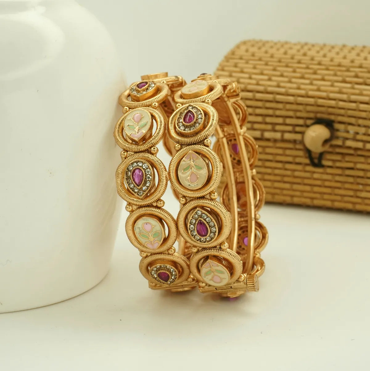 Antique Gold Plated Meenakari Floral Bridal Bangle Set for Women