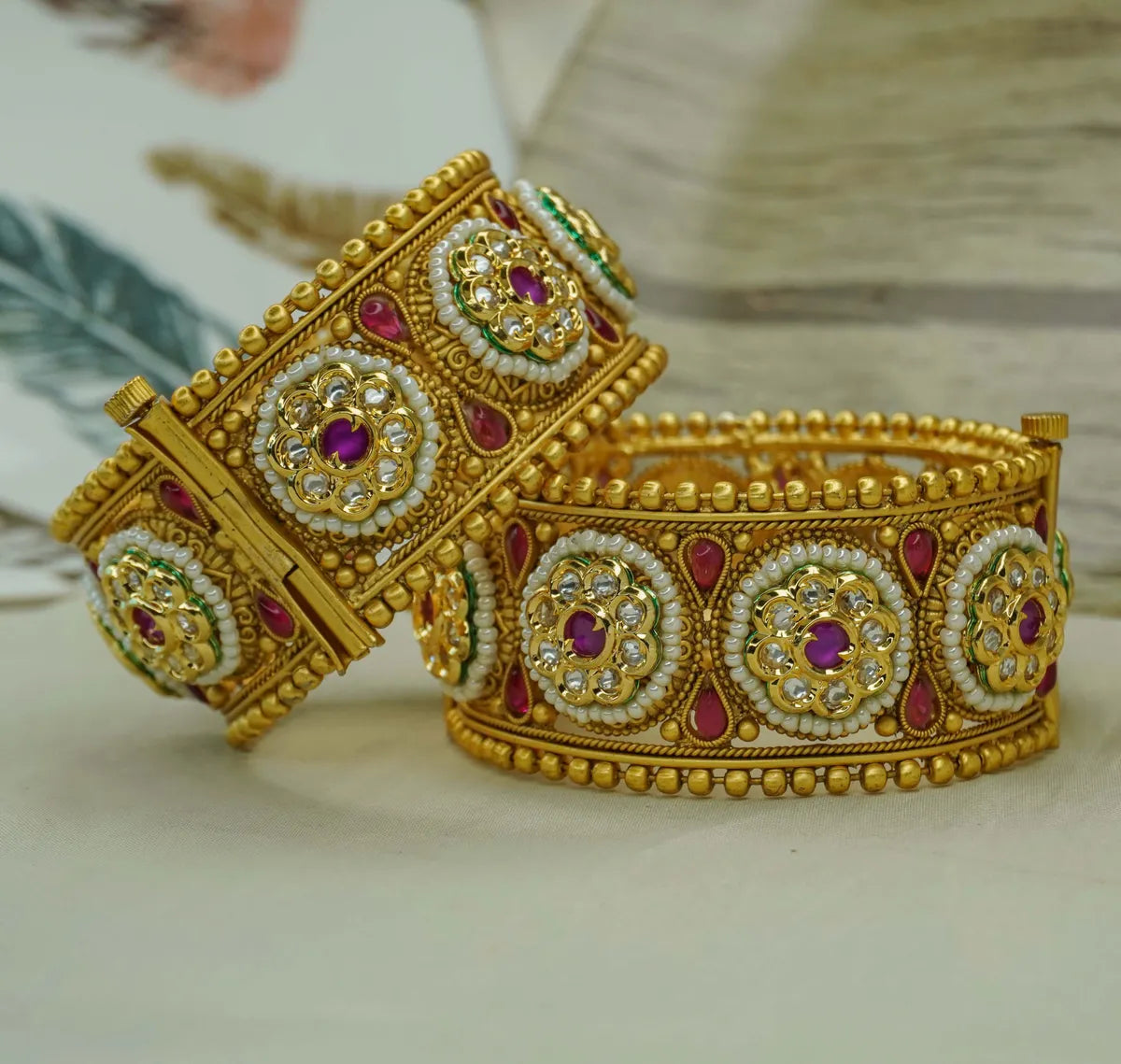Traditional Gold Plated Kundan Pearl Ethnic Openable Bridal Bangles