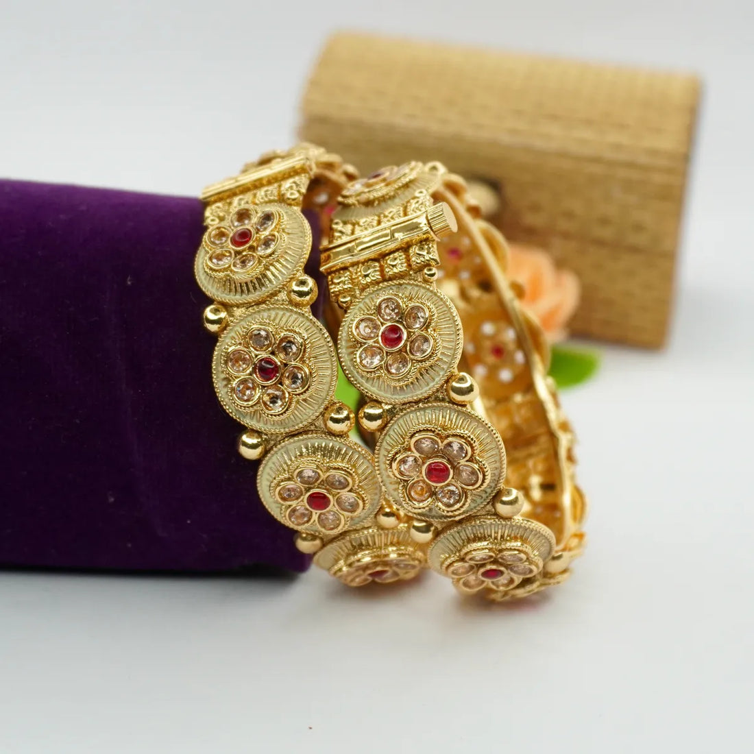 Ruby & AD Studded Chuda Making Openable Copper Bangles Set
