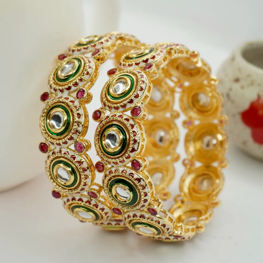 Gold Plated Ruby With Round Kundan Bangle Set (2 Pieces )