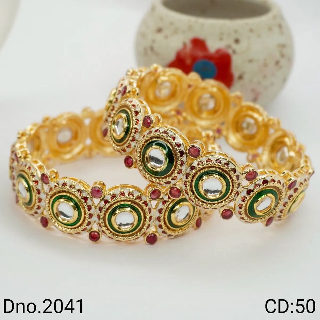 Gold Plated Ruby With Round Kundan Bangle Set (2 Pieces )