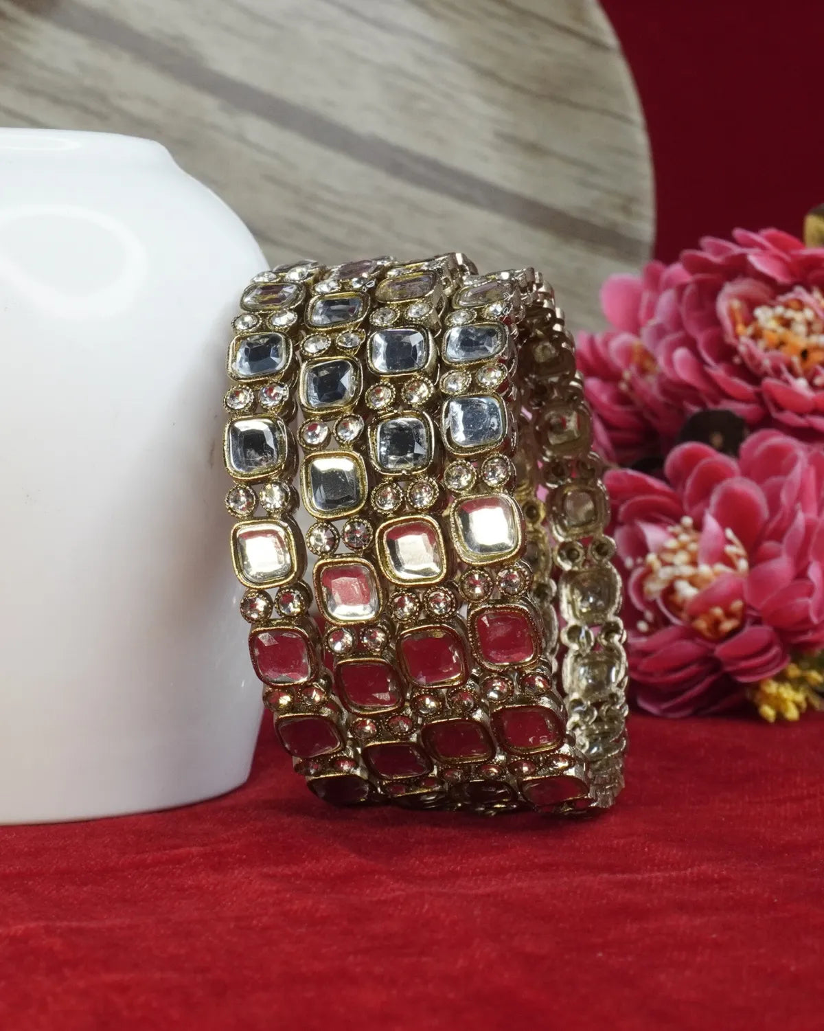 Gold-Plated Kundan Mirror Work Broad Traditional Bangle Set for Women