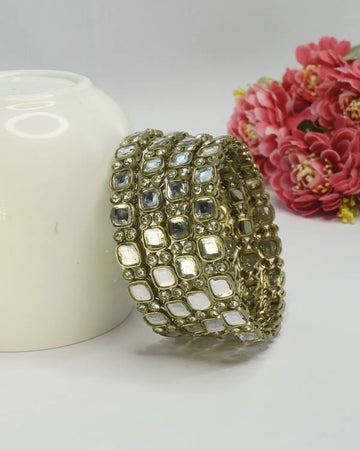 Gold-Plated Kundan Mirror Work Broad Traditional Bangle Set for Women