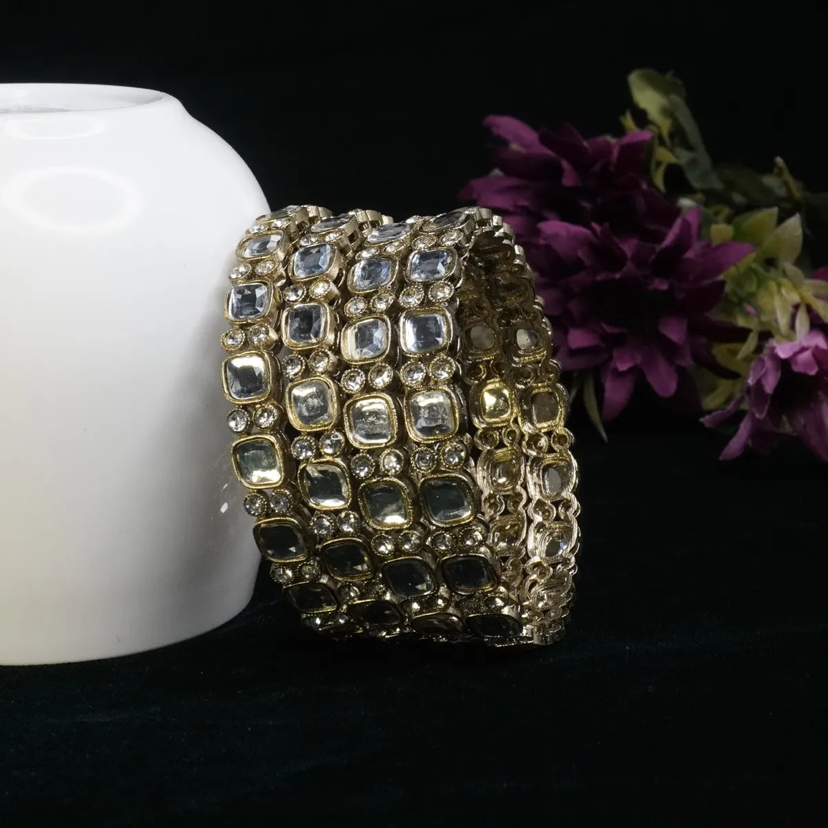 Gold-Plated Kundan Mirror Work Broad Traditional Bangle Set for Women