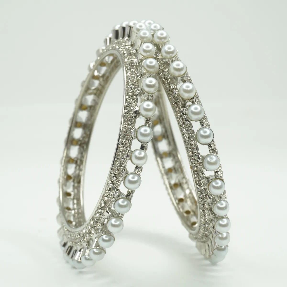 Silver-Plated Pearl & CZ Studded Designer Bangle Set for Women