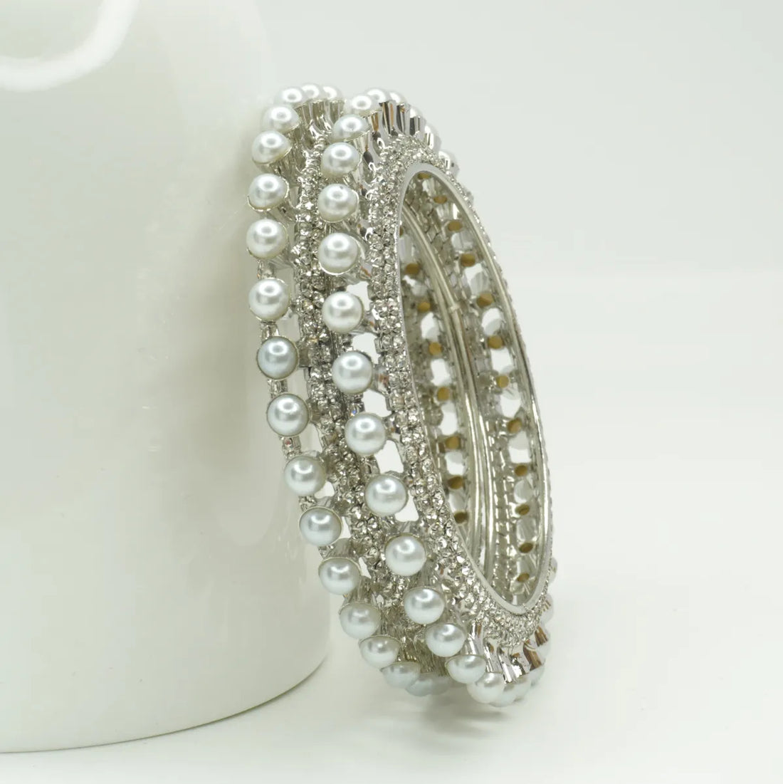 Silver-Plated Pearl & CZ Studded Designer Bangle Set for Women