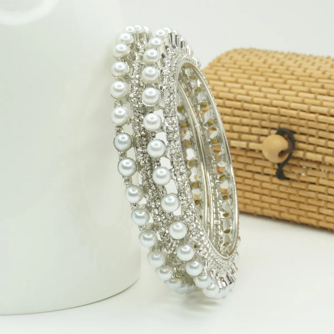 Silver-Plated Pearl & CZ Studded Designer Bangle Set for Women